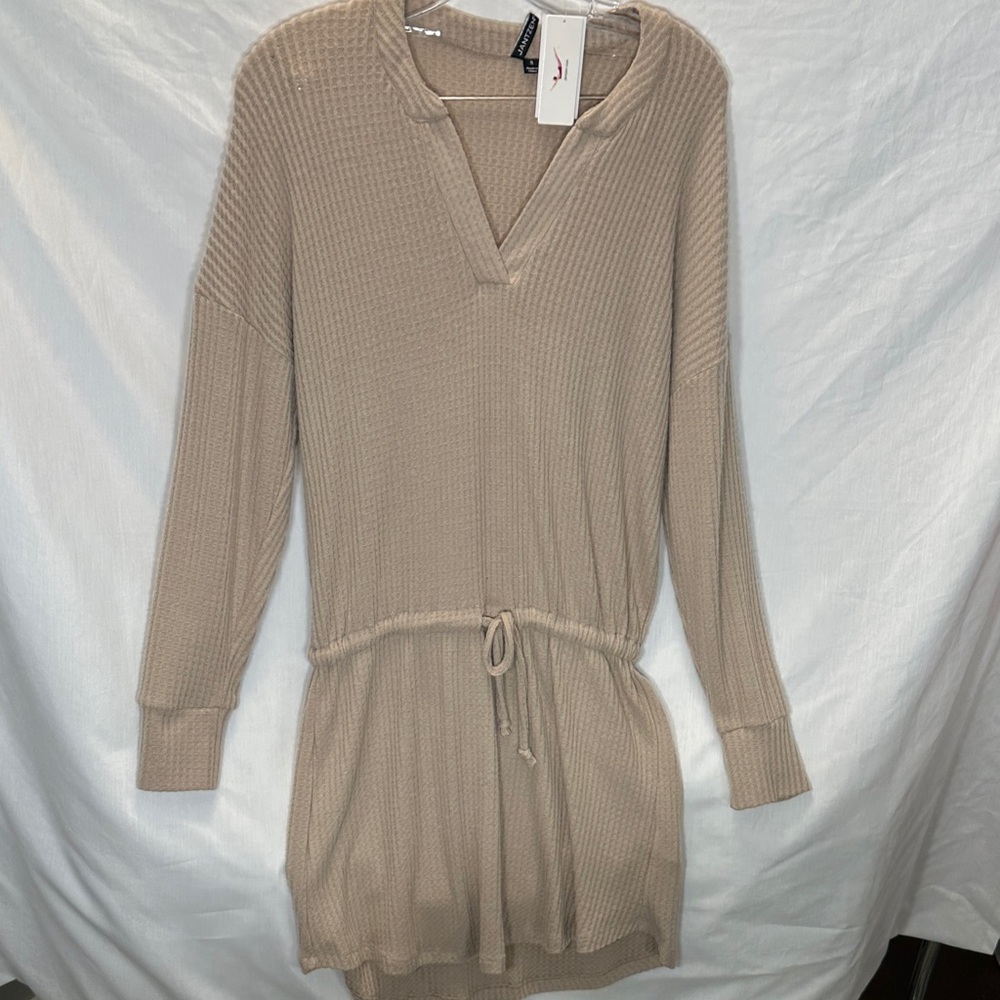Jantzen Taupe Waffle Knit Long Sleeve Drawstring Cover-up Dress
